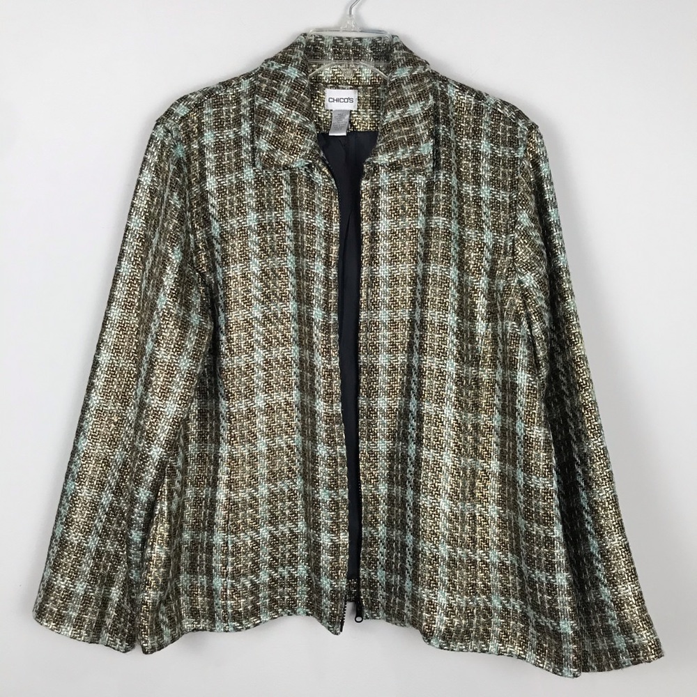 * Chico’s Teal Gold Tweed Zipper Front Jacket Sz 3